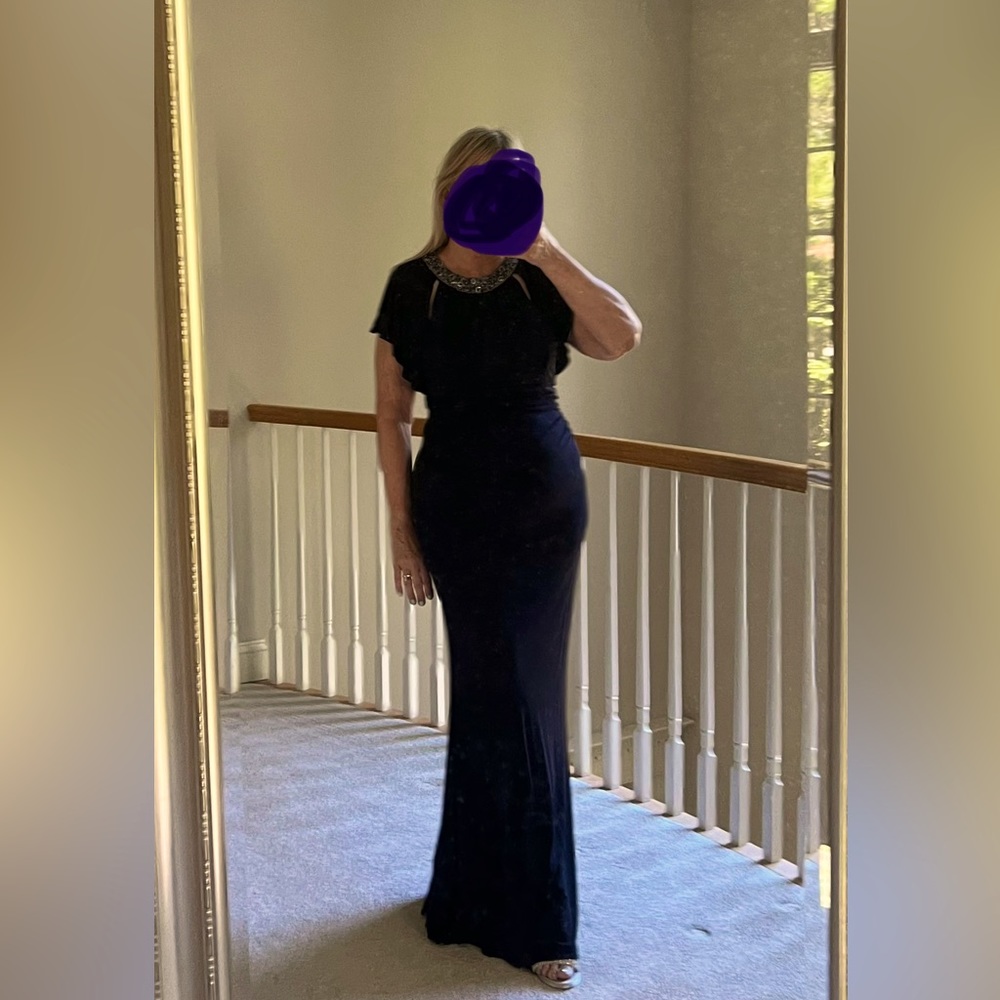 David Meister jeweled neck gown